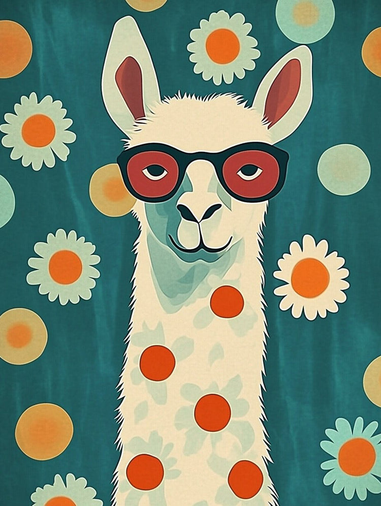 funny poster of a lama with colorful daisy flowers around it, llama is wearing sunglasses and has a clever Expression on its face. illustration is a retro 70s design style. 