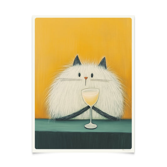 Weiße Katze mit Schwarzen Ohren und einem Cocktail. Serie von lustigen Küchenposter mit Katzen