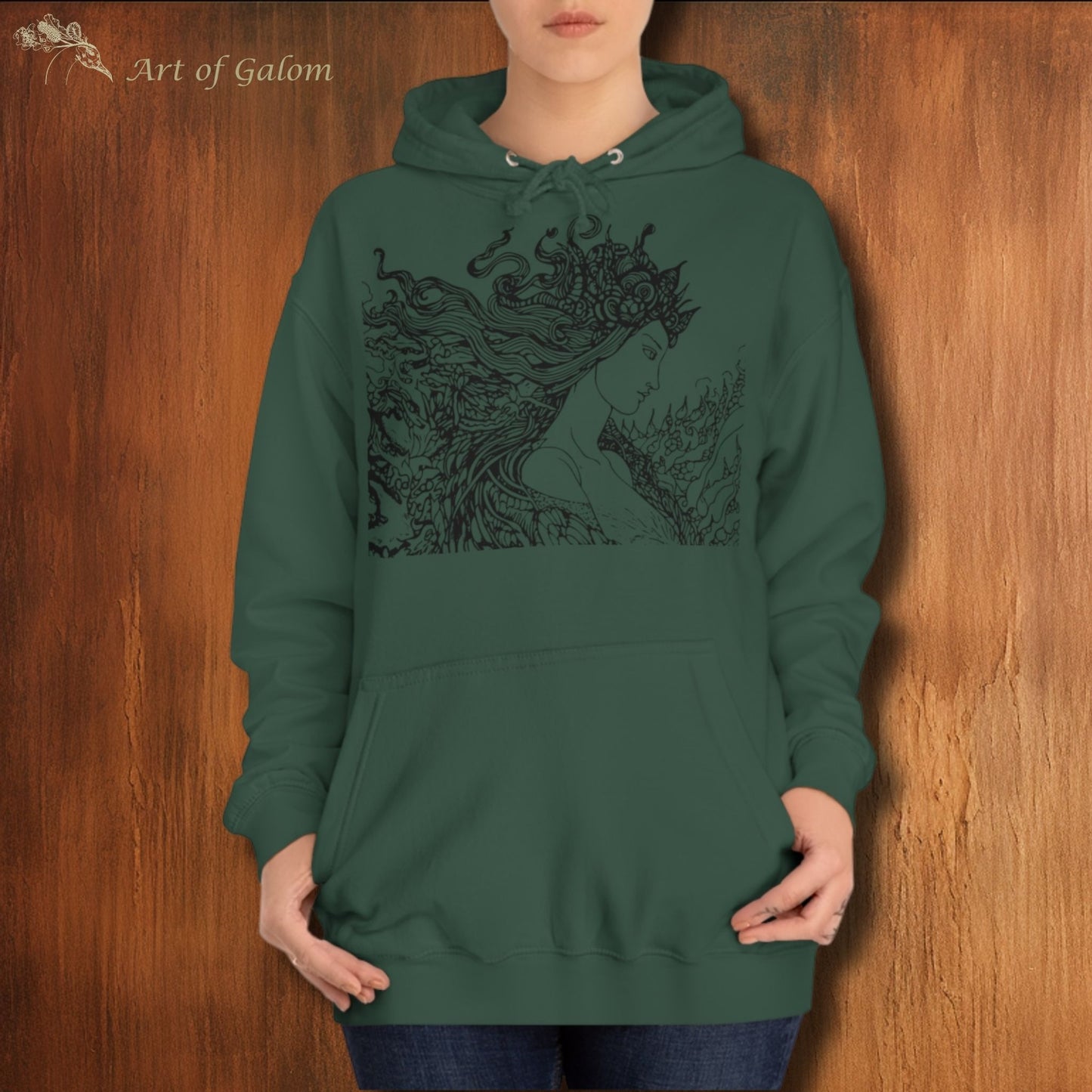 Bottle Green Oversized Hoodie with Line Drawing Illustration