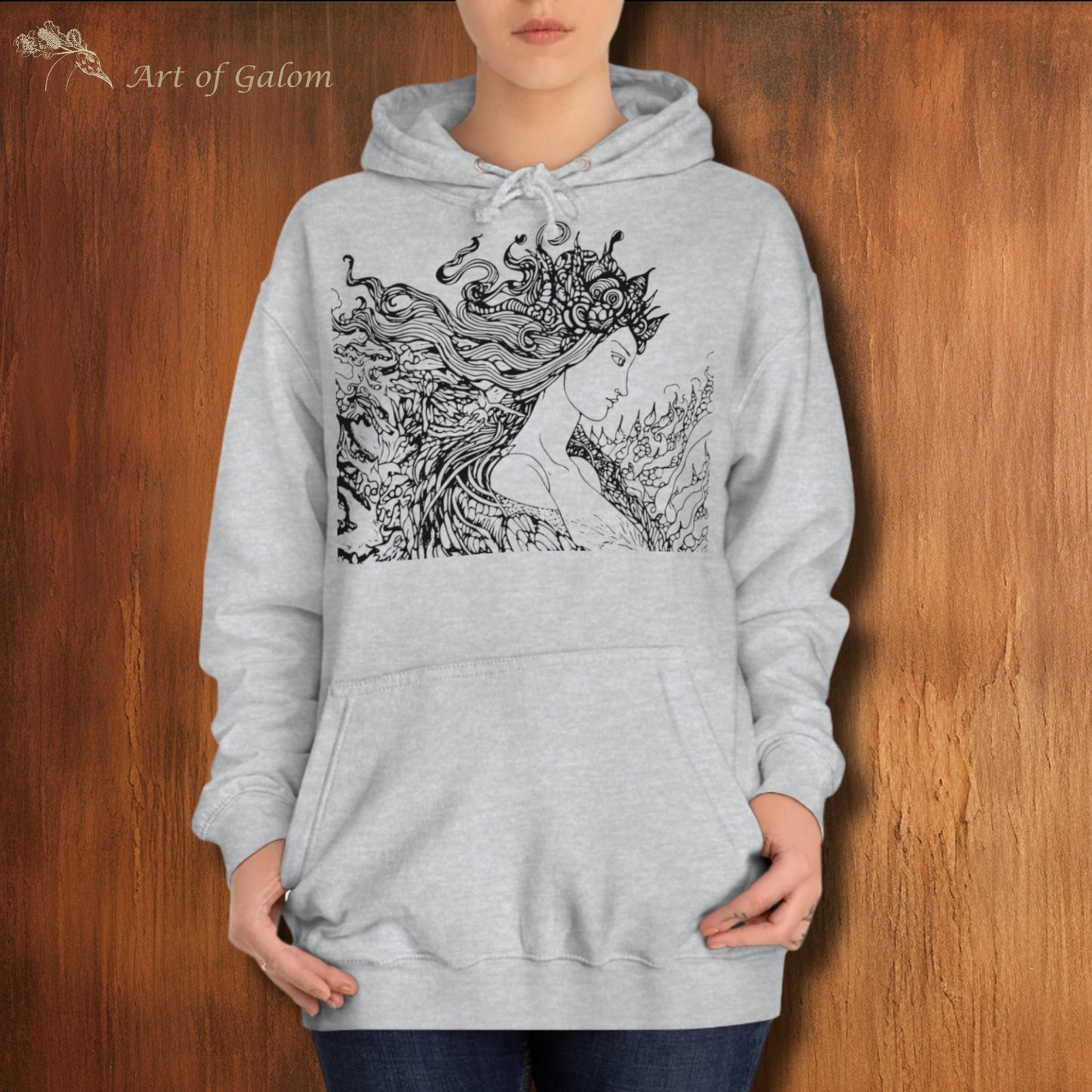 Heather Grey Oversized Hoodie with Line Drawing Illustration